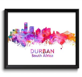 INSTANT DOWNLOAD Durban Skyline South Africa Cityscape Art Print Poster Pink Orange Purple Red Watercolor Painting