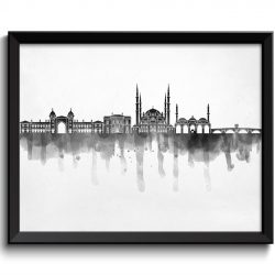 INSTANT DOWNLOAD Edirne Skyline City Black White Grey Cityscape Famous Landmarks Poster Print Turkey Modern Abstract Landscape Art Painting