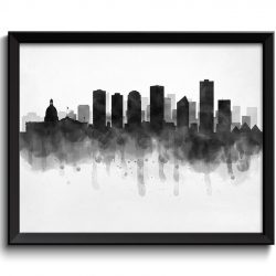 INSTANT DOWNLOAD Edmonton Skyline Alberta Canada Cityscape Art Print Poster Black White Grey Watercolor Painting