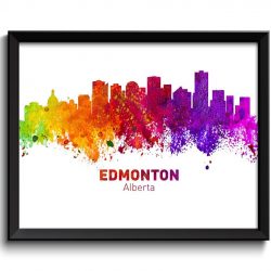 INSTANT DOWNLOAD Edmonton Skyline City Cityscape Canada Colorful Watercolor Poster Print Landscape Art Painting Red Purple Pink Yellow Green