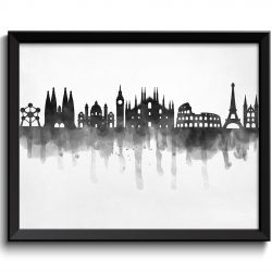 INSTANT DOWNLOAD Europe Skyline City Black White Grey Cityscape Famous Landmarks Poster Print Modern Abstract Landscape Art Painting