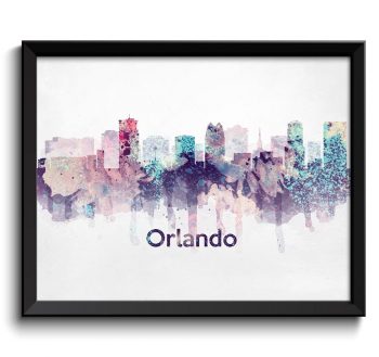 INSTANT DOWNLOAD Florida Turquoise Blue Pink Purple Orlando Skyline USA United States Cityscape Art Print Poster Watercolor Painting