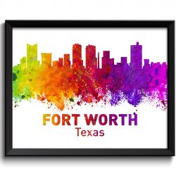 INSTANT DOWNLOAD Fort Worth Skyline Texas Colorful Watercolor Cityscape Poster Print Landscape Art Painting Red Purple Pink Yellow Green