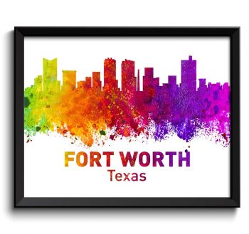 INSTANT DOWNLOAD Fort Worth Skyline Texas Colorful Watercolor Cityscape Poster Print Landscape Art Painting Red Purple Pink Yellow Green