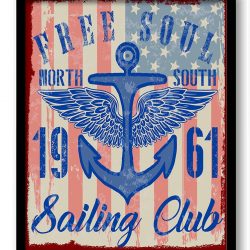 INSTANT DOWNLOAD Free Soul Sailing Club Wall Art Print Nautical Ocean Print Beach Poster Navy Blue Red Anchor White Home Decor Vintage Retro