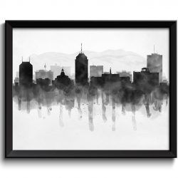 INSTANT DOWNLOAD Fresno Skyline California USA United States Cityscape Art Print Poster Black White Grey Watercolor Painting