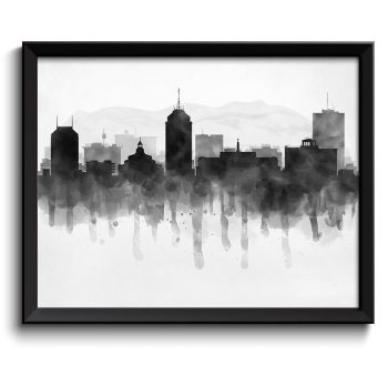 INSTANT DOWNLOAD Fresno Skyline California USA United States Cityscape Art Print Poster Black White Grey Watercolor Painting