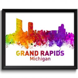 INSTANT DOWNLOAD Grand Rapids Michigan City Skyline Colorful Watercolor Cityscape Poster Print Landscape Art Painting Red Purple Pink Yellow