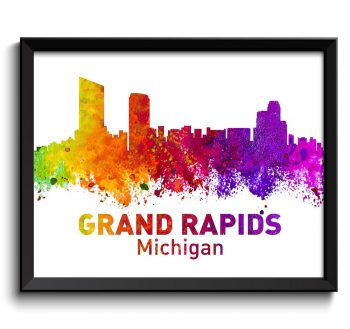 INSTANT DOWNLOAD Grand Rapids Michigan City Skyline Colorful Watercolor Cityscape Poster Print Landscape Art Painting Red Purple Pink Yellow