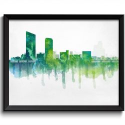 INSTANT DOWNLOAD Grand Rapids Teal Blue Lime Green Skyline Michigan USA United States Cityscape Wall Art Print Poster Watercolor Painting