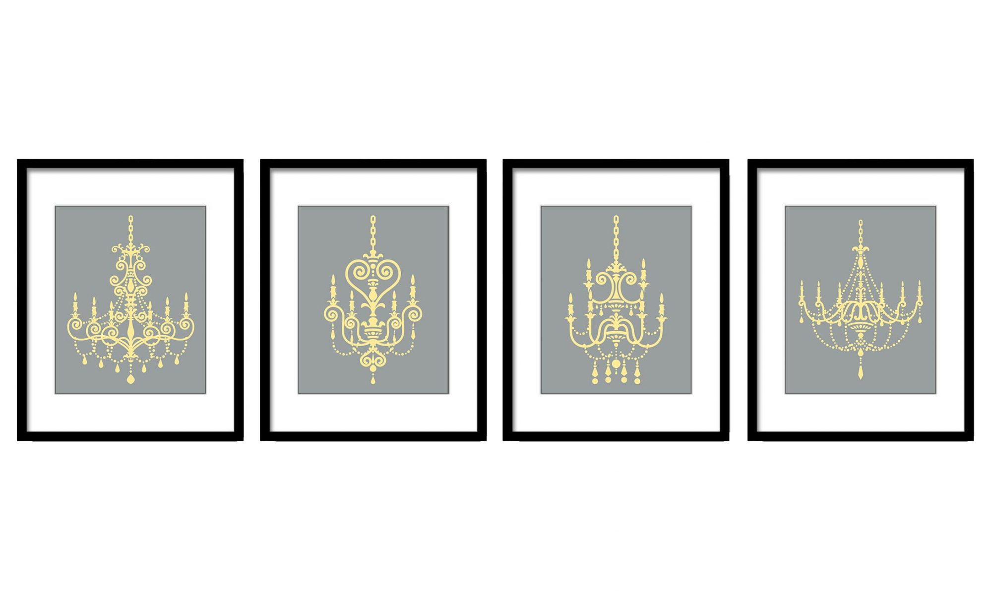 INSTANT DOWNLOAD Grey Yellow Chandelier Vintage Style Set of 4 Prints Chandelier Art Old Antique Silhouette Printable Living Room Wall Decor
