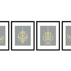 INSTANT DOWNLOAD Grey Yellow Chandelier Vintage Style Set of 4 Prints Chandelier Art Old Antique Silhouette Printable Living Room Wall Decor