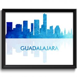 INSTANT DOWNLOAD Guadalajara Skyline City Navy Sky Blue Watercolor Painting Cityscape Poster Print Mexico South America Modern Landscape Art