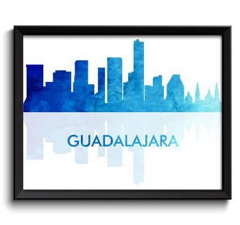 INSTANT DOWNLOAD Guadalajara Skyline City Navy Sky Blue Watercolor Painting Cityscape Poster Print Mexico South America Modern Landscape Art