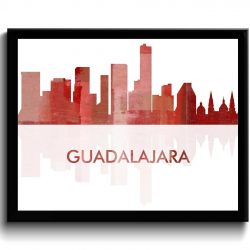 INSTANT DOWNLOAD Guadalajara Skyline City Red Watercolor Painting Cityscape Poster Print Mexico South America Modern Landscape Art