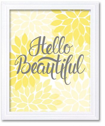 INSTANT DOWNLOAD Home Decor Wall Art Bathroom Wall Decor Yellow Grey Hello Beautiful Chrysanthemum Flower Print Poster