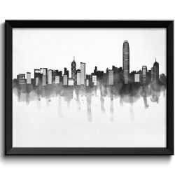 INSTANT DOWNLOAD Hong Kong Skyline City Black White Grey Cityscape Print Poster Asia Modern Abstract Landscape Art Painting