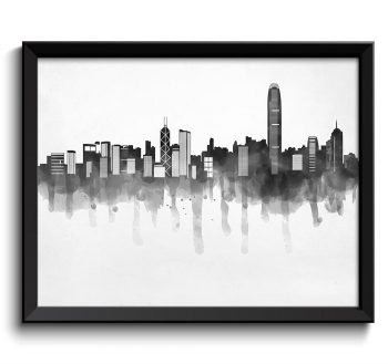 INSTANT DOWNLOAD Hong Kong Skyline City Black White Grey Cityscape Print Poster Asia Modern Abstract Landscape Art Painting