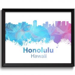 INSTANT DOWNLOAD Honolulu Skyline Hawaii Blue Purple Pink Watercolor Cityscape Poster Print Modern Abstract Landscape Art Painting