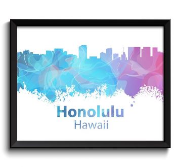 INSTANT DOWNLOAD Honolulu Skyline Hawaii Blue Purple Pink Watercolor Cityscape Poster Print Modern Abstract Landscape Art Painting