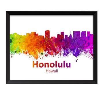 INSTANT DOWNLOAD Honolulu Skyline Hawaii Colorful Watercolor Cityscape Poster Print Landscape Art Painting Red Purple Pink Yellow Green