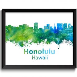 INSTANT DOWNLOAD Honolulu Skyline Hawaii Lime Green Turquoise Blue Watercolor Cityscape Poster Print Modern Abstract Landscape Art Painting