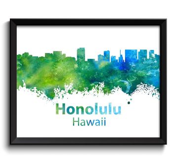 INSTANT DOWNLOAD Honolulu Skyline Hawaii Lime Green Turquoise Blue Watercolor Cityscape Poster Print Modern Abstract Landscape Art Painting