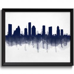 INSTANT DOWNLOAD Houston Navy Blue Black Skyline Texas USA United States Cityscape Art Print Poster Watercolor Painting