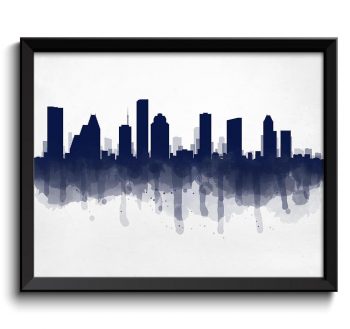 INSTANT DOWNLOAD Houston Navy Blue Black Skyline Texas USA United States Cityscape Art Print Poster Watercolor Painting