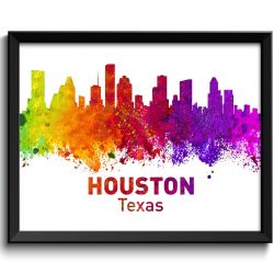 INSTANT DOWNLOAD Houston Skyline Texas City Colorful Watercolor Cityscape Poster Print Landscape Art Painting Red Purple Pink Yellow Green