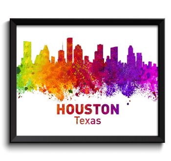 INSTANT DOWNLOAD Houston Skyline Texas City Colorful Watercolor Cityscape Poster Print Landscape Art Painting Red Purple Pink Yellow Green