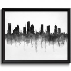 INSTANT DOWNLOAD Houston Skyline Texas USA United States Cityscape Art Print Poster Black White Grey Watercolor Painting