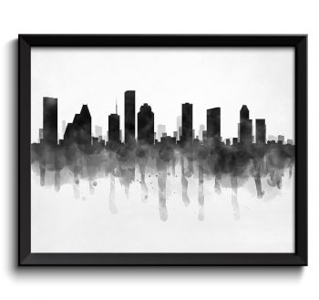 INSTANT DOWNLOAD Houston Skyline Texas USA United States Cityscape Art Print Poster Black White Grey Watercolor Painting