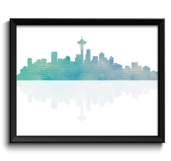 INSTANT DOWNLOAD Icy Blue Grey Seattle Skyline Seattle Washington Seattle Wall Art Print Seattle Poster Watercolor Painting Grey Aqua