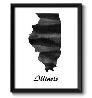 INSTANT DOWNLOAD Illinois Map State Watercolor Painting Poster Print USA United States Abstract Landscape Art Black White Grey