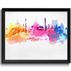 INSTANT DOWNLOAD India Skyline City Pink Blue Orange Coral Cityscape Famous Landmarks Poster Print Modern Abstract Landscape Art Painting