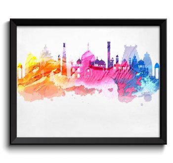 INSTANT DOWNLOAD India Skyline City Pink Blue Orange Coral Cityscape Famous Landmarks Poster Print Modern Abstract Landscape Art Painting