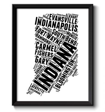 INSTANT DOWNLOAD Indiana Map Typography Print Text Word Cloud Black White Poster Print USA United States Modern Abstract Landscape Wall Art