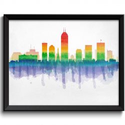 INSTANT DOWNLOAD Indianapolis Rainbow Red Purple Blue Green Skyline Indiana USA United States Cityscape Art Print Poster Watercolor Painting