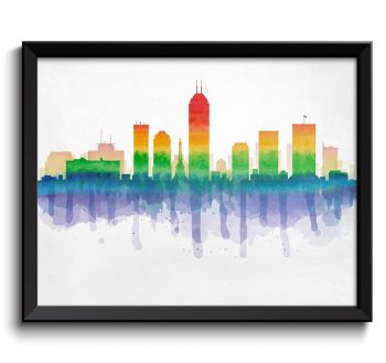 INSTANT DOWNLOAD Indianapolis Rainbow Red Purple Blue Green Skyline Indiana USA United States Cityscape Art Print Poster Watercolor Painting