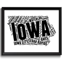 INSTANT DOWNLOAD Iowa Map Typography Textography Text Word Cloud Black White Poster Print USA United States Modern Landscape Wall Art