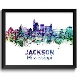 INSTANT DOWNLOAD Jackson Skyline Mississippi City Colorful Purple Green Black Blue Watercolor Cityscape Poster Print Landscape Art Painting