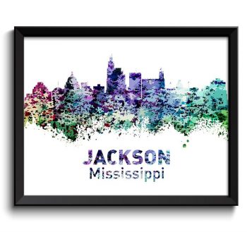 INSTANT DOWNLOAD Jackson Skyline Mississippi City Colorful Purple Green Black Blue Watercolor Cityscape Poster Print Landscape Art Painting