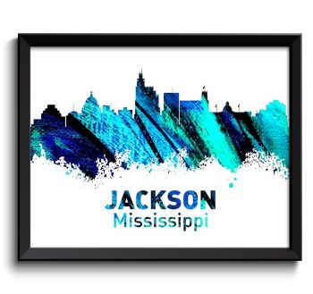 INSTANT DOWNLOAD Jackson Skyline Mississippi City Turquoise Blue Teal Navy Watercolor Cityscape Poster Print Landscape Art Painting