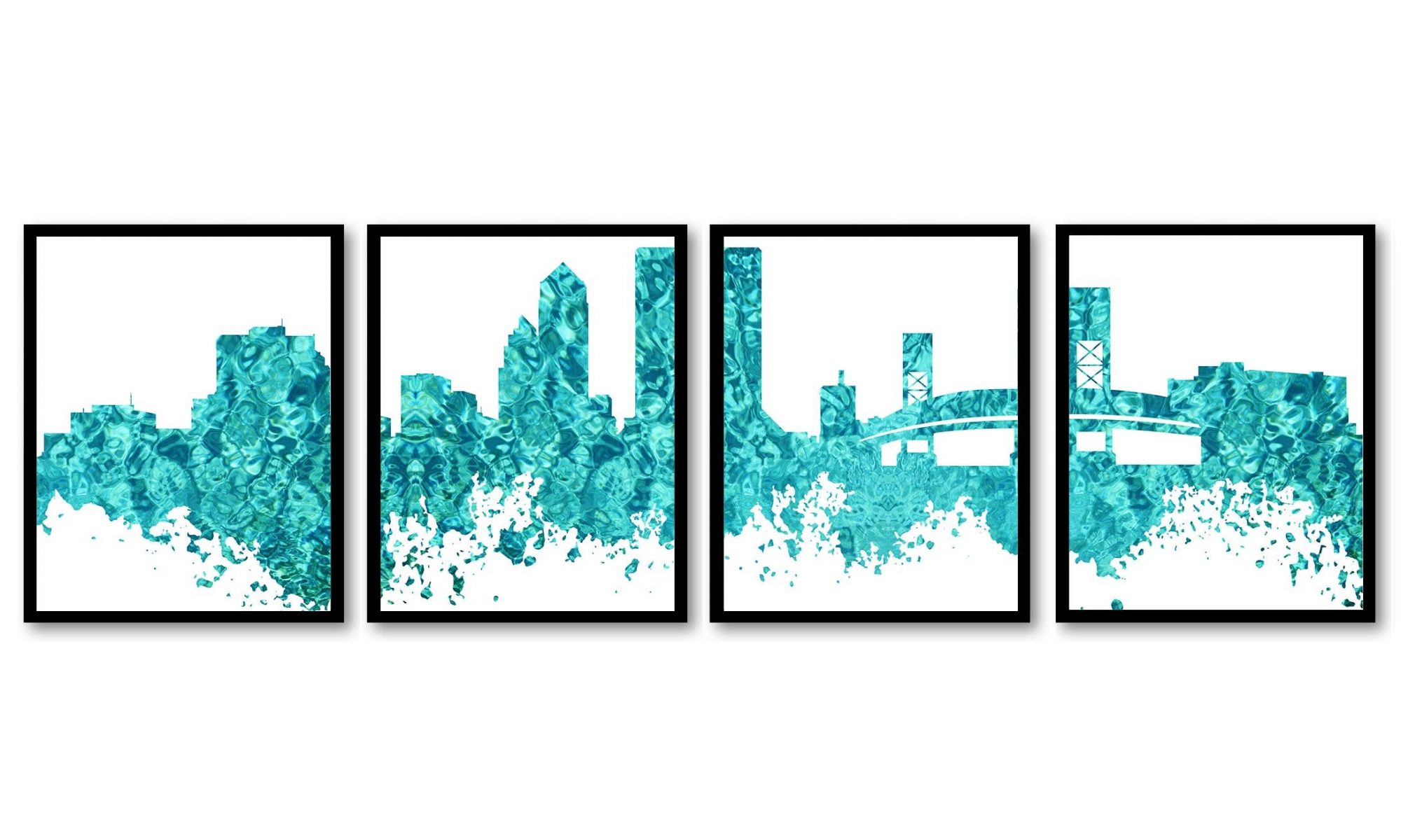 INSTANT DOWNLOAD Jacksonville Skyline City Teal Blue Set of 4 Cityscape Florida Famous Landmarks Poster Print Modern Landscape Art Painting