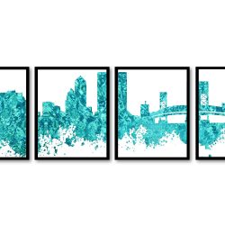 INSTANT DOWNLOAD Jacksonville Skyline City Teal Blue Set of 4 Cityscape Florida Famous Landmarks Poster Print Modern Landscape Art Painting