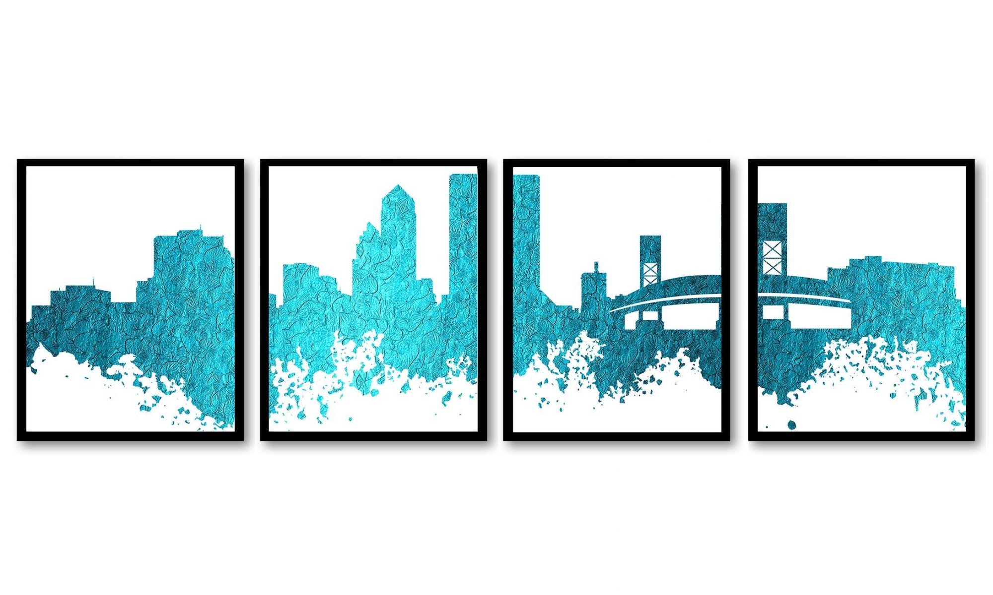 INSTANT DOWNLOAD Jacksonville Skyline City Turquoise Blue Set of 4 Cityscape Florida Famous Landmarks Poster Print Landscape Art Painting