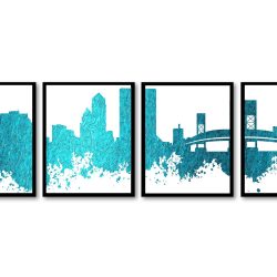 INSTANT DOWNLOAD Jacksonville Skyline City Turquoise Blue Set of 4 Cityscape Florida Famous Landmarks Poster Print Landscape Art Painting