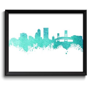 INSTANT DOWNLOAD Jacksonville Skyline Teal Aqua Blue Watercolor Painting Jacksonville Florida Cityscape Jacksonville Wall Art Print Poster