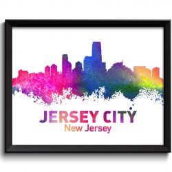 INSTANT DOWNLOAD Jersey City Skyline New Jersey Colorful Watercolor Cityscape Poster Print Landscape Art Painting Blue Purple Pink Yellow